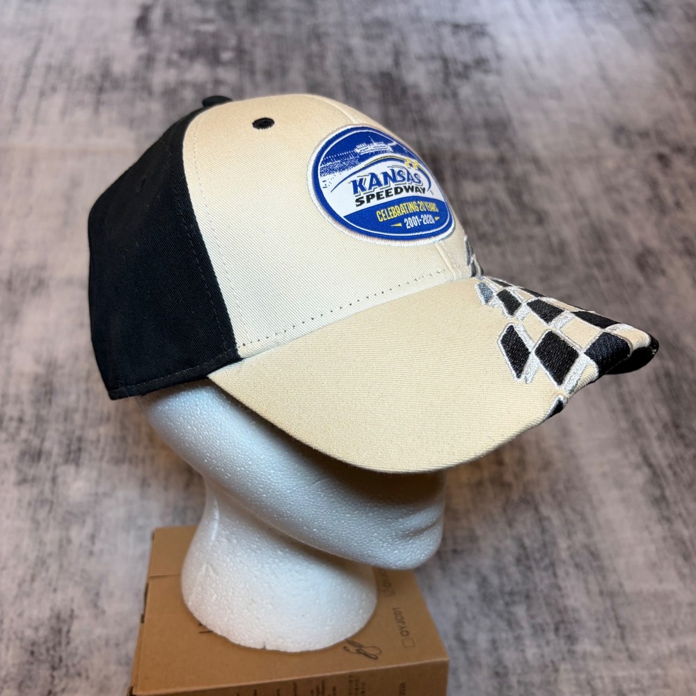 NASCAR Kansas Speedway 20th Anniversary Hat 2001-2020 Black Cream Adjustable Cap - Picture 2 of 5